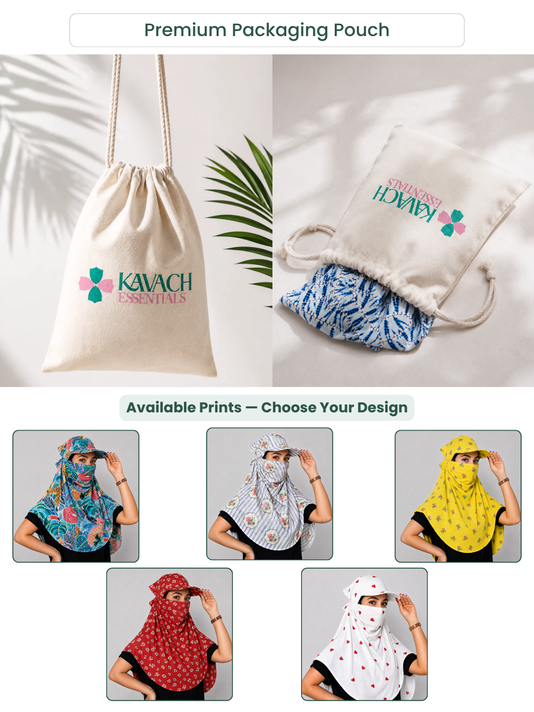 A promotional collage for a drawstring packaging pouch. The top section shows two cream canvas drawstring pouches with rope handles; one is empty and the other contains a rolled blue-and-white patterned fabric item.