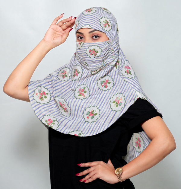 Blue Bloom Stripe  Regular Scarf | Rayon Printed Scarf for Women