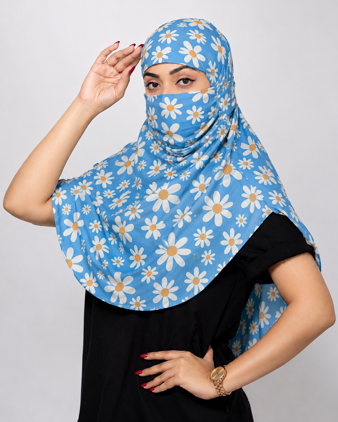 Sky Blue Daisy Regular Scarf | Poly Crepe Printed Scarf for Women