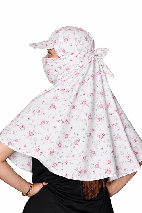A woman wearing a white sun protection cap and matching face mask with a pink floral print, shown from the side against a plain white background.