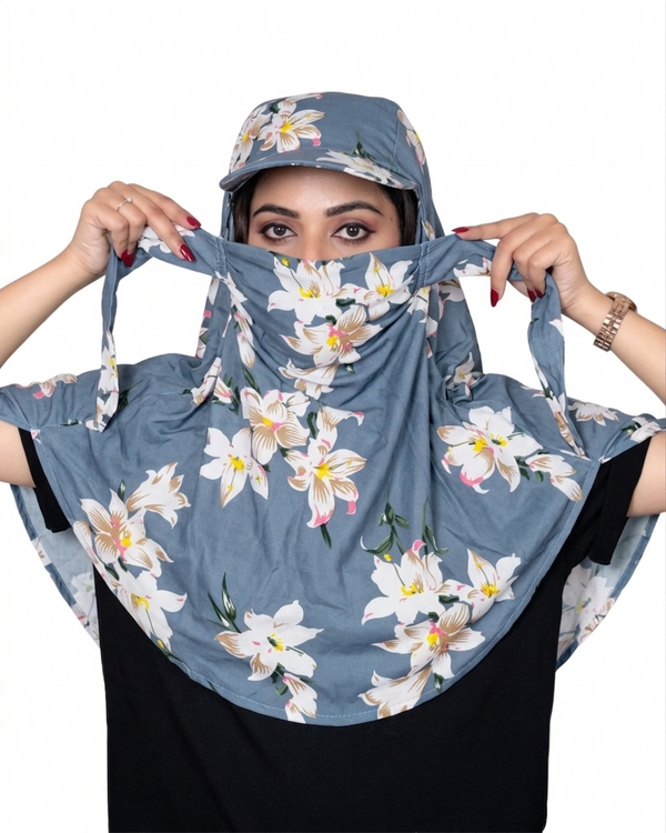 Blue Flower Cap Poly Crepe  Scarf