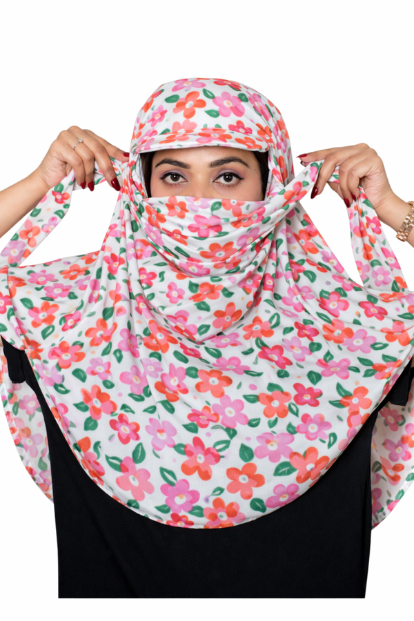 Pink Flowers Cap Poly Crepe Scarf