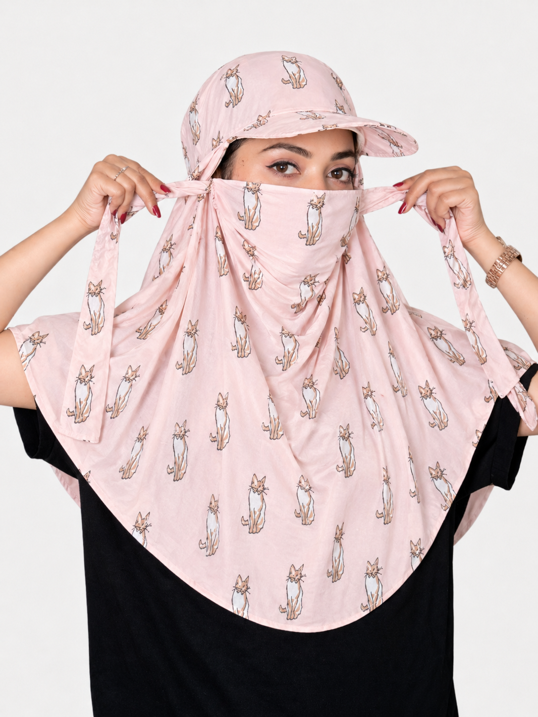 Pink Cat Cap Georgette Fabric Scarf