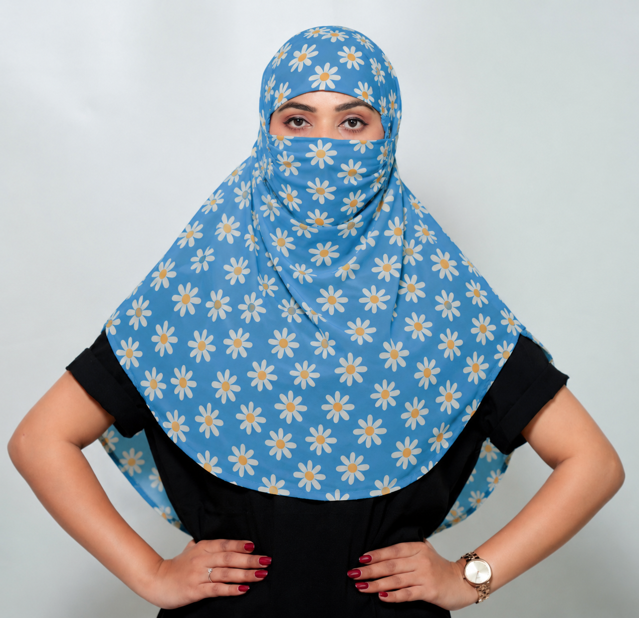 Sky Blue Daisy Regular Scarf | Poly Crepe Printed Scarf for Women