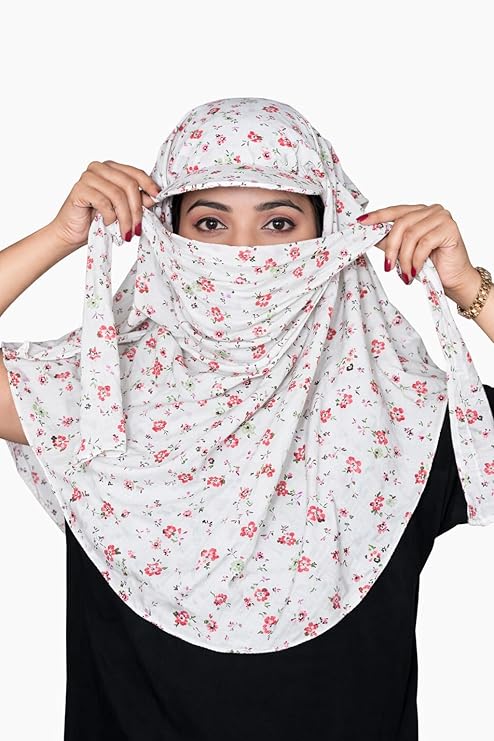 Pink Flower White Cap Poly Crepe  Scarf