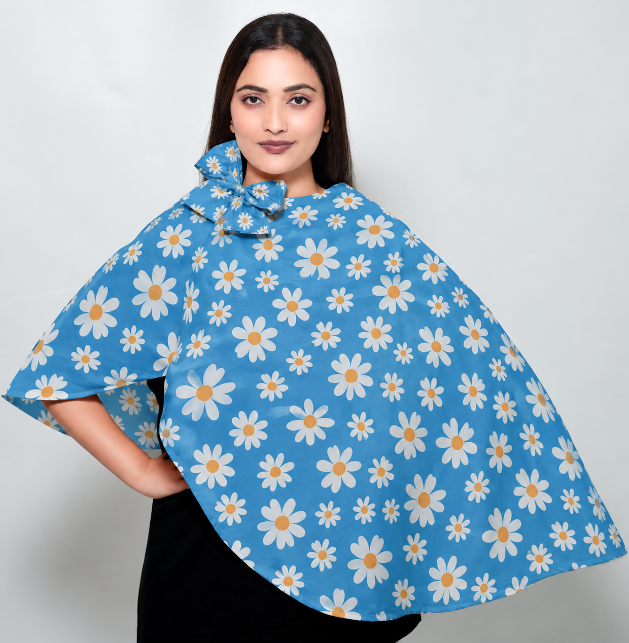 Sky Blue Daisy Regular Scarf | Poly Crepe Printed Scarf for Women