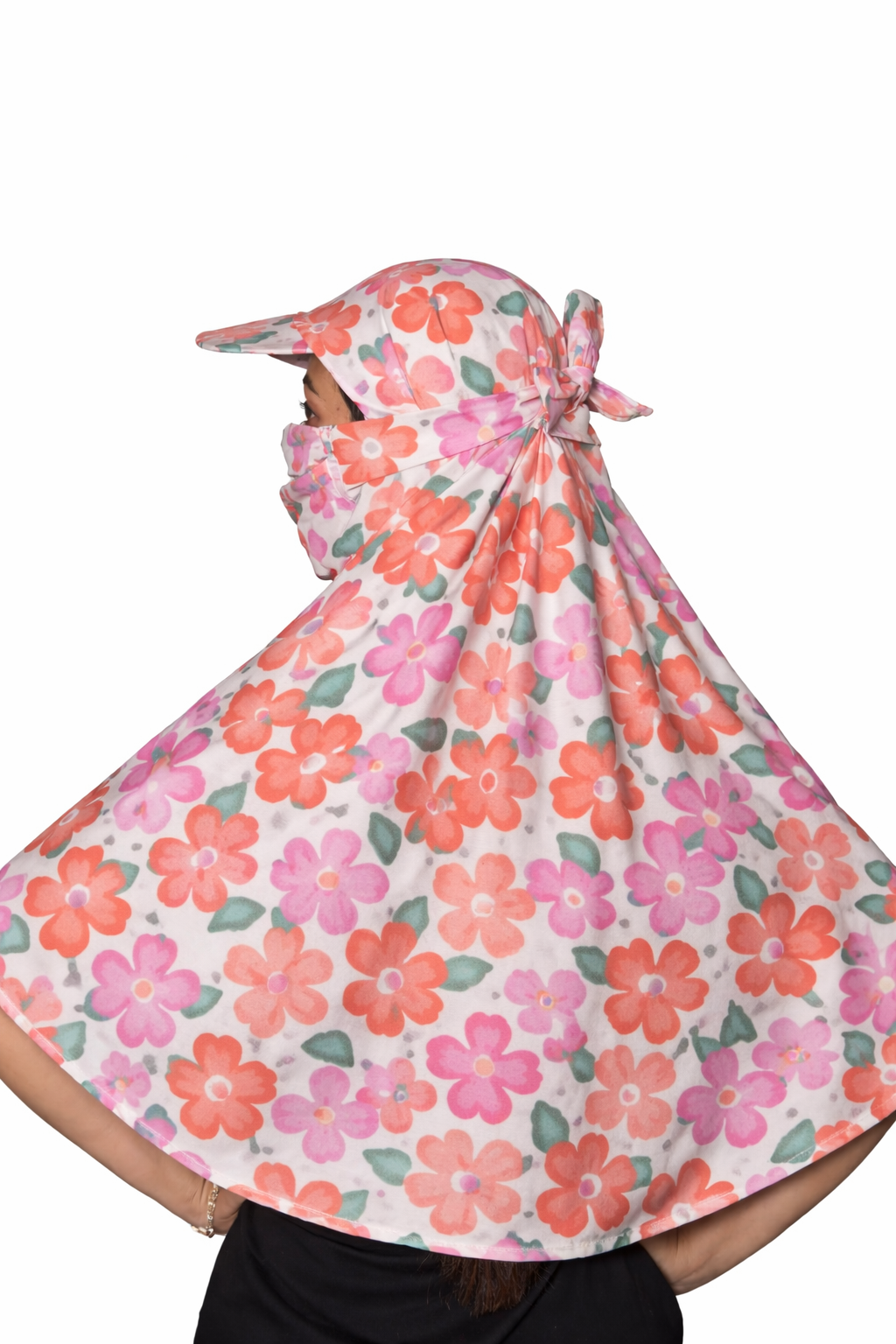 Pink Flowers Cap Poly Crepe Scarf