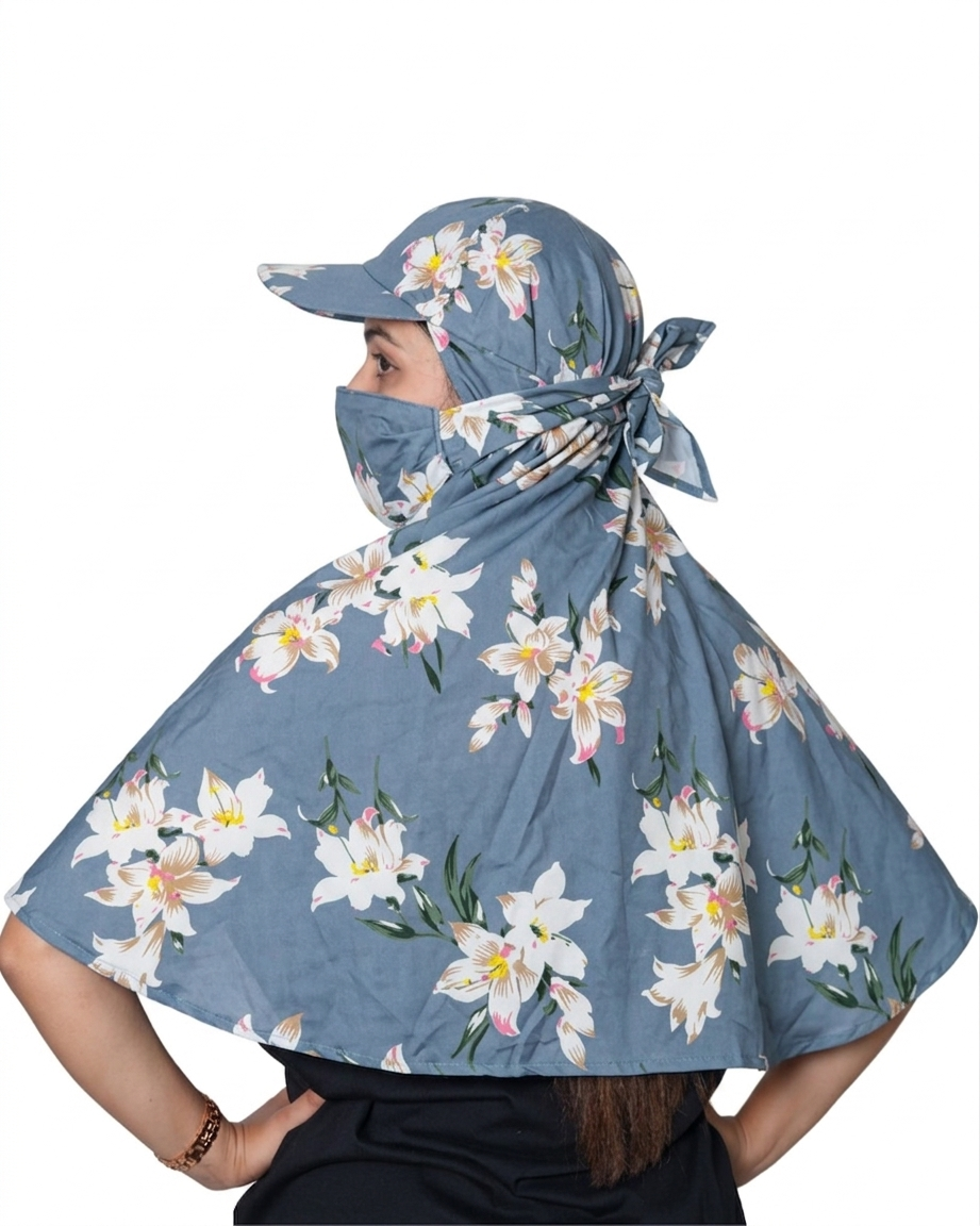 Blue Flower Cap Poly Crepe  Scarf