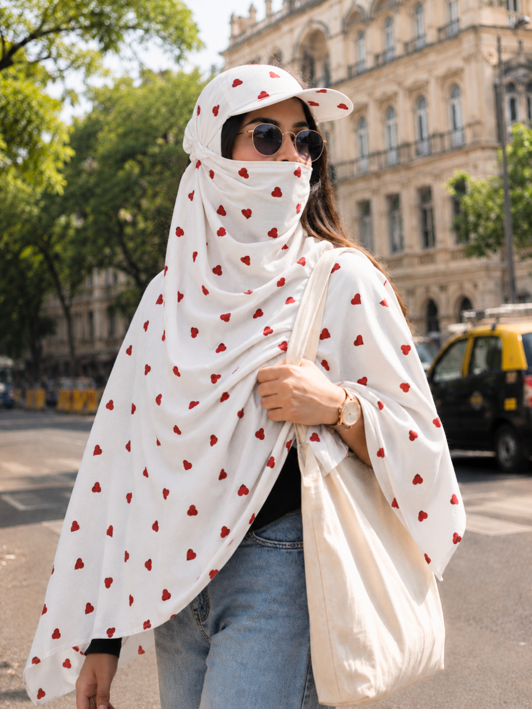 Red Hearts Cap Scarf | Rayon Printed Scarf for Women