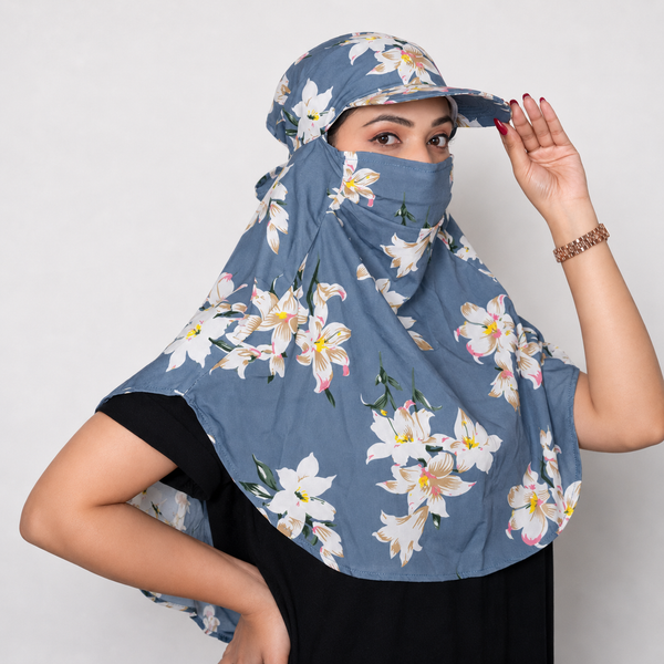 Blue Flower Cap Poly Crepe  Scarf