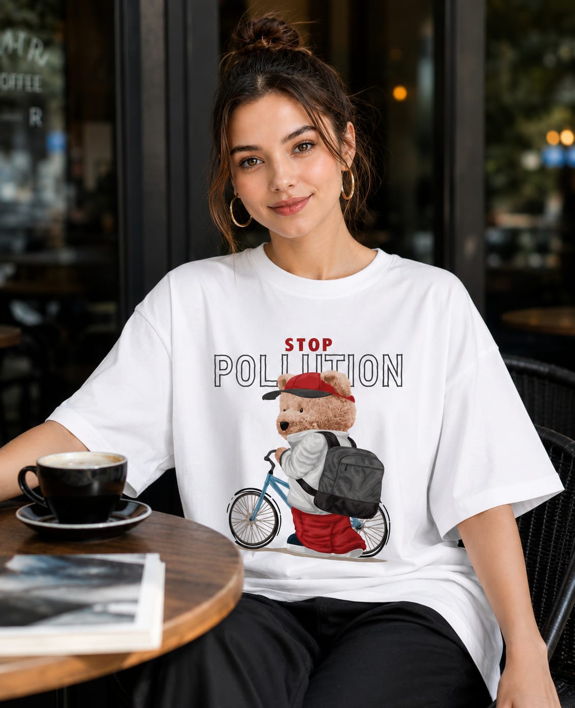 No Pollution Bear -White  Oversized T-shirt