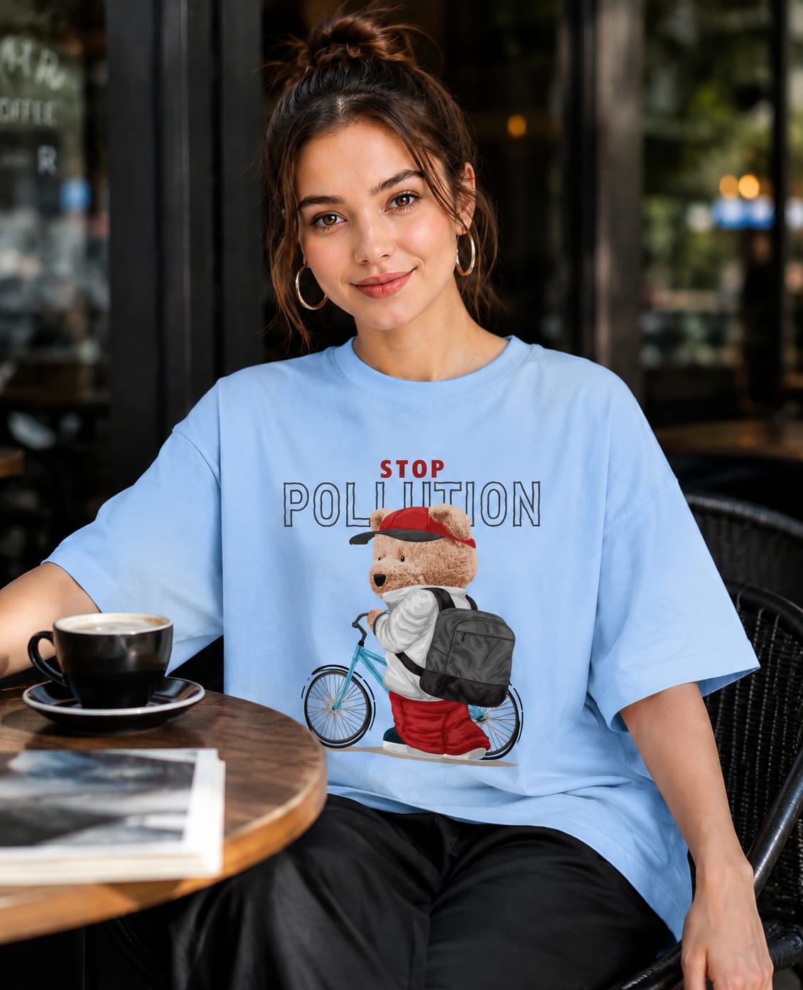 No Pollution Bear -Sky Blue Oversized T-shirt