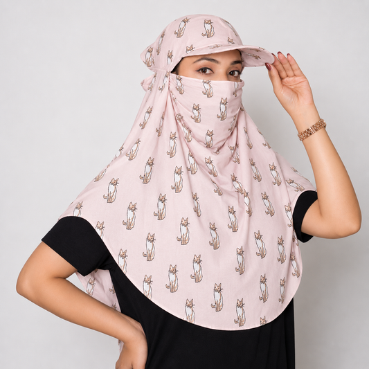A woman wearing a light pink sun protection headscarf with a repeating cat print, paired with a matching sun hat and a black t-shirt, against a plain light gray background.