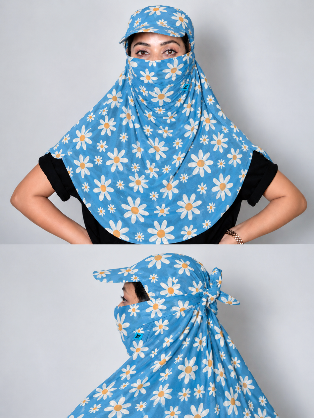women wearing  blue cap  scarf