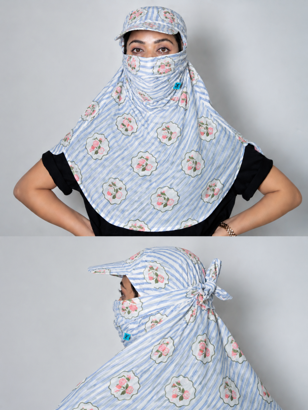 A woman modeling a light blue and white striped hijab with a pink and green floral pattern, shown in two views against a plain gray background.