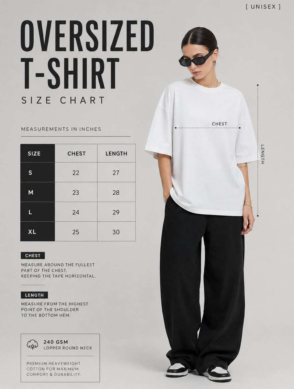 A size chart graphic for an oversized white T-shirt by Uniq. It features a model wearing the shirt on the right side with measurement lines indicating chest and length, alongside a sizing table on the left.