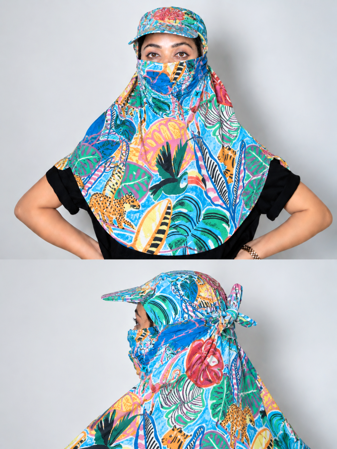 A woman modeling a colorful tropical print sun veil and matching visor cap, shown in two views against a plain light gray background. The fabric features a vibrant multicolor print with palm leaves, birds, and animals on a blue base.