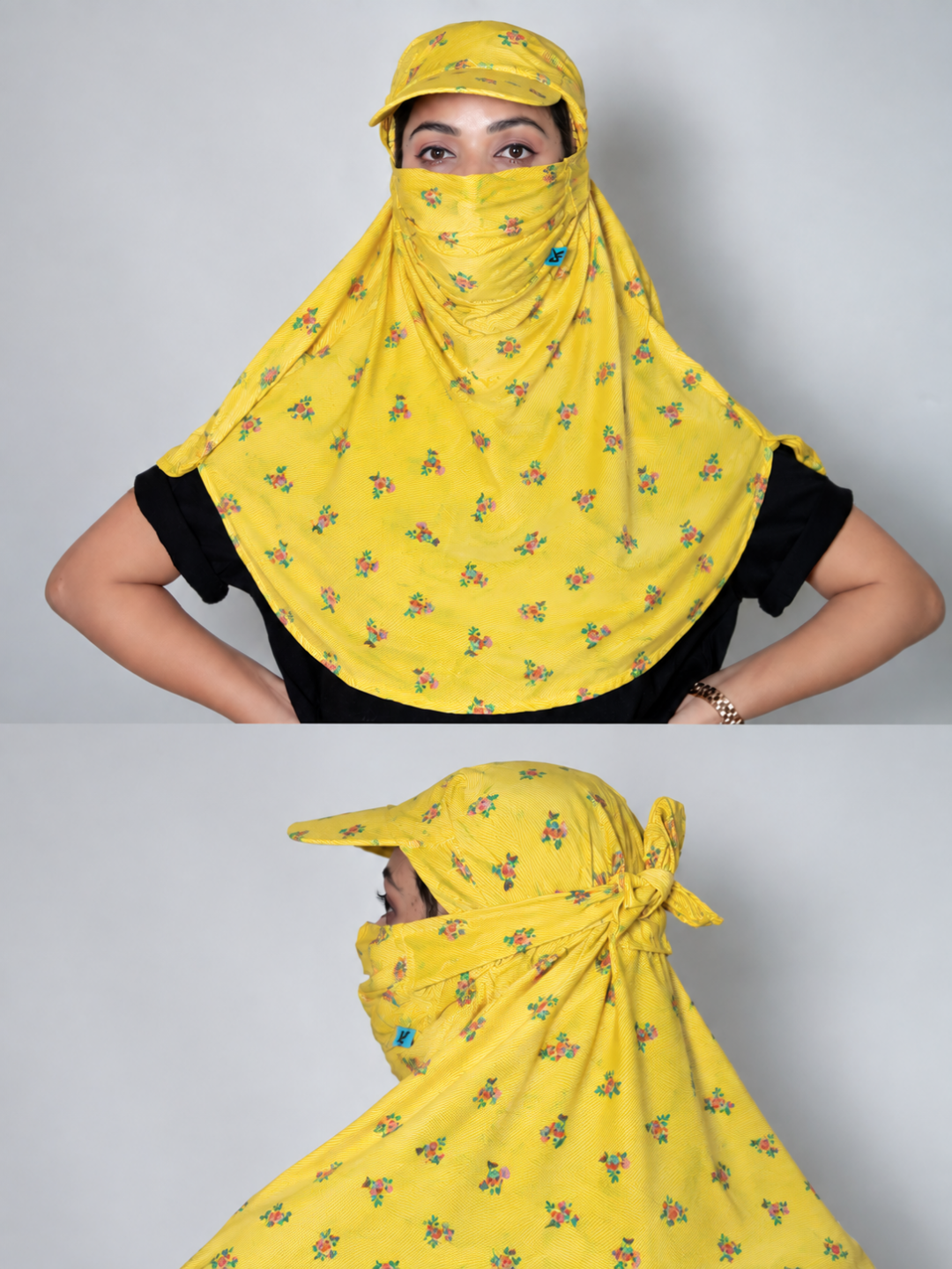 A woman modeling a bright yellow face veil with a small floral print, shown in two views against a plain light gray background. The top view shows the front drape and the side profile below.