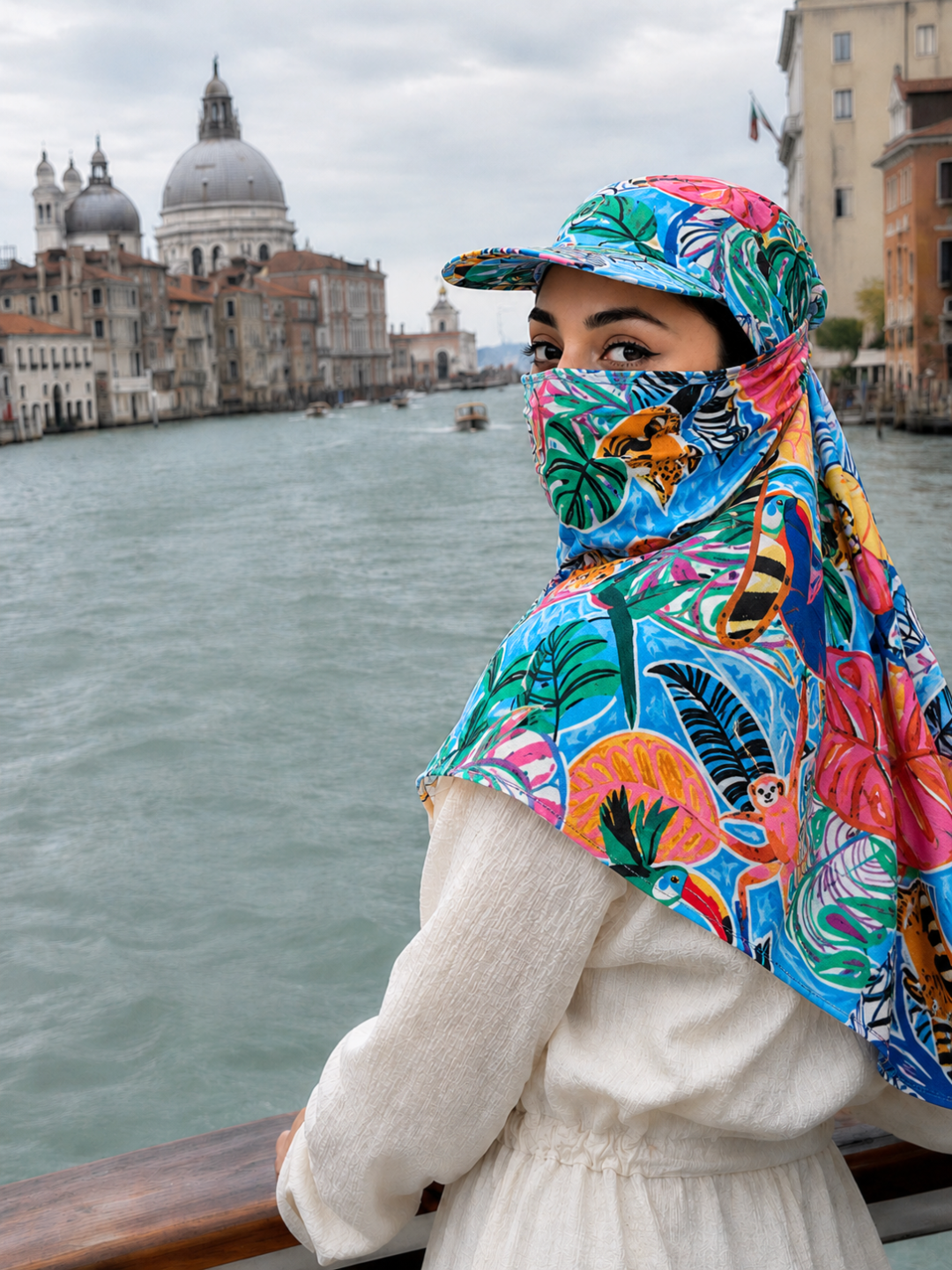 A woman wearing a vibrant tropical print sun hat and matching face covering stands on a bridge overlooking the Grand Canal in Venice, with the Basilica di Santa Maria in the background.
