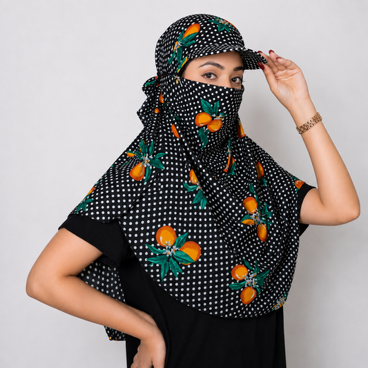 A woman wearing a black sun protection set consisting of a printed sun hat and a matching face veil. The fabric features a black and white polka dot pattern with orange fruits and green leaves, paired with solid black sleeves and a black top, set against a plain light gray background.