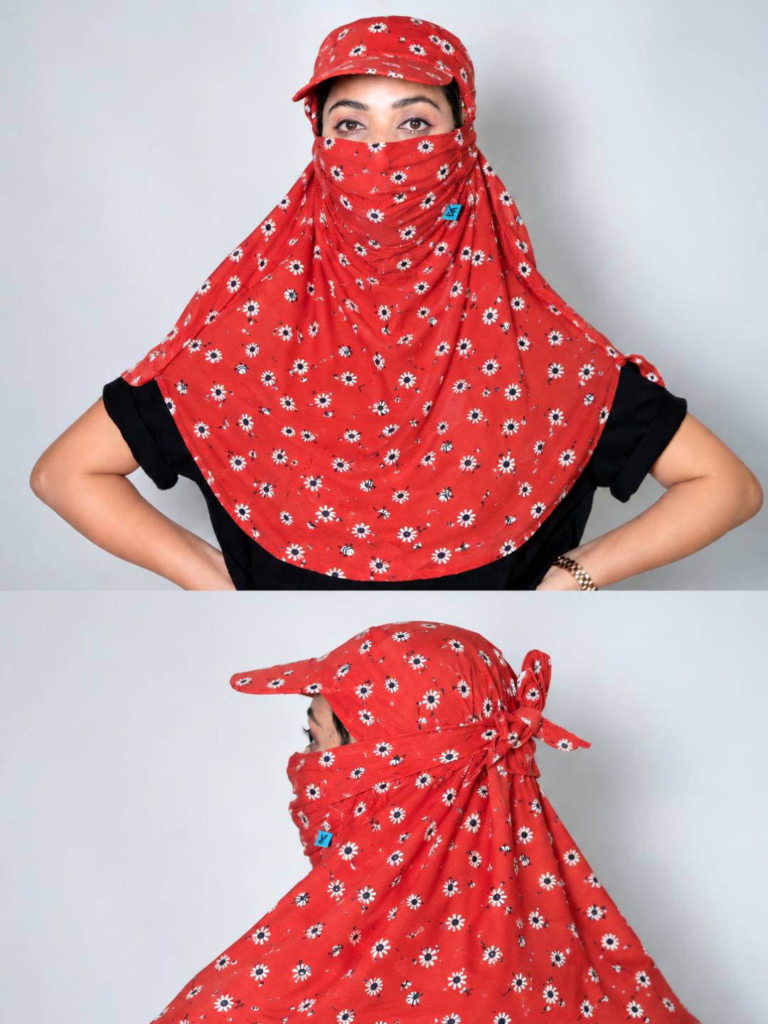 A red headscarf with a white and black floral print, shown on a model in two views against a light gray background. The top view shows the head covering worn with a matching cap, and the bottom view shows a side/back view with a bow detail.
