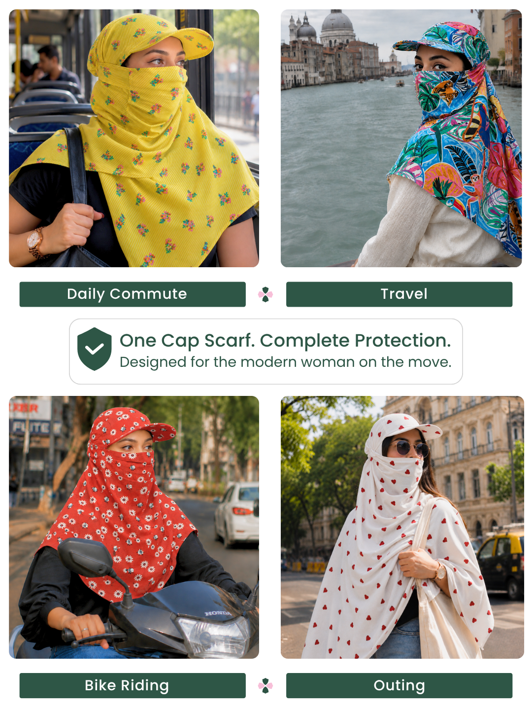 A promotional collage showing a one-cap scarf styled in four lifestyle scenarios: daily commute, travel, bike riding, and outing. The top-left panel shows a yellow patterned scarf on a woman in a city; the top-right shows a colorful tropical print scarf on a woman by a canal; the bottom-left shows a red floral cap scarf on a woman riding a scooter; the bottom-right shows a white scarf with red polka dots on a woman walking.