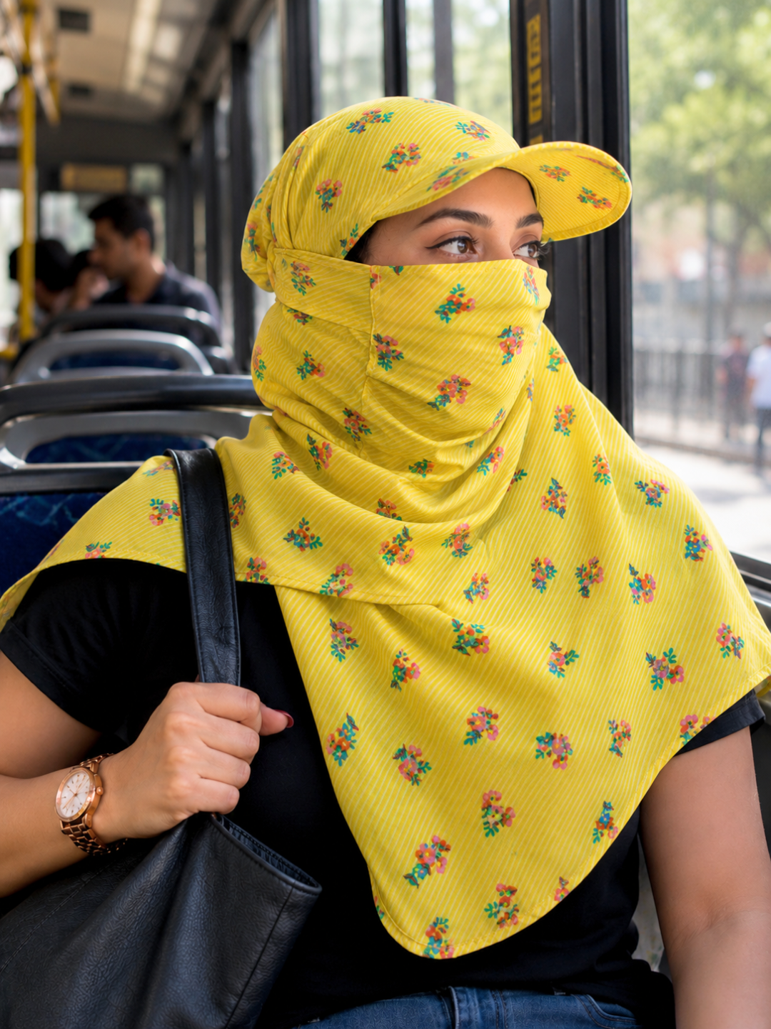 A woman sitting on a bus wearing a bright yellow ribbed sun scarf and matching cap with a small multicolor floral pattern. She is wearing a black t-shirt and holding a black tote bag.